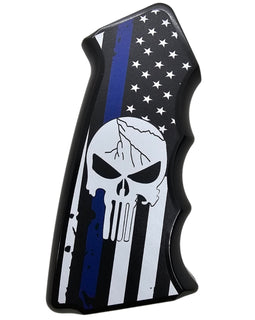AR-15/M4 Aluminum Pistol Grip – Thin Blue Line Skull American Flag Design