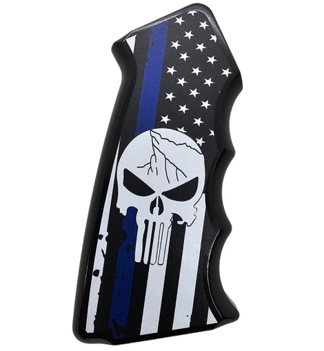 AR-15/M4 Aluminum Pistol Grip – Thin Blue Line Skull American Flag Design
