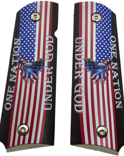 1911 Full Size Metal Grips – One Nation Under God American Flag & Eagle Design – Ambi Cut Nickel