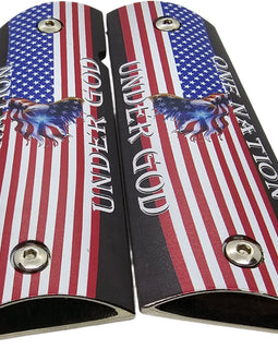 1911 Full Size Metal Grips – One Nation Under God American Flag & Eagle Design – Ambi Cut Nickel