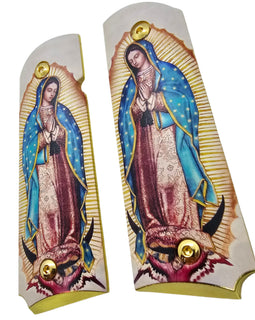 1911 Full Size Metal Grips – Our Lady of Guadalupe Design – Ambi Cut – Polished Religious Artwork