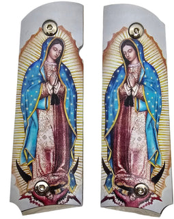 1911 Full Size Metal Grips – Our Lady of Guadalupe Design – Ambi Cut – Polished Religious Artwork Nickel