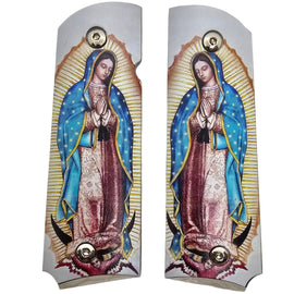 1911 Full Size Metal Grips – Our Lady of Guadalupe Design – Ambi Cut – Polished Religious Artwork Nickel