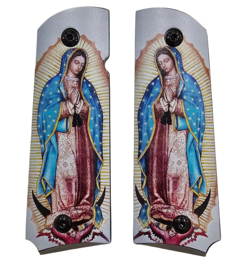 1911 Full Size Metal Grips – Our Lady of Guadalupe Design – Ambi Cut – Polished Religious Artwork Black