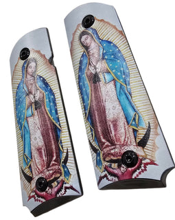 1911 Full Size Metal Grips – Our Lady of Guadalupe Design – Ambi Cut – Polished Religious Artwork Black