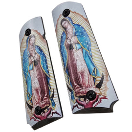 1911 Full Size Metal Grips – Our Lady of Guadalupe Design – Ambi Cut – Polished Religious Artwork Black