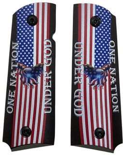 1911 Full Size Metal Grips – One Nation Under God American Flag & Eagle Design – Ambi Cut Black