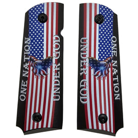 1911 Full Size Metal Grips – One Nation Under God American Flag & Eagle Design – Ambi Cut