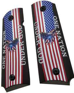 1911 Full Size Metal Grips – One Nation Under God American Flag & Eagle Design – Ambi Cut Black