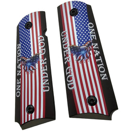1911 Full Size Metal Grips – One Nation Under God American Flag & Eagle Design – Ambi Cut