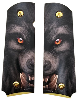 Snarling Wolf 1911 Full Size Metal Grips – Ambi Cut w/ Screws – Aggressive Tactical Style Gold