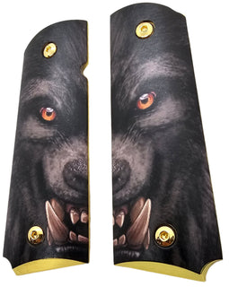 Snarling Wolf 1911 Full Size Metal Grips – Ambi Cut w/ Screws – Aggressive Tactical Style Gold