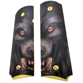 Snarling Wolf 1911 Full Size Metal Grips – Ambi Cut w/ Screws – Aggressive Tactical Style Gold