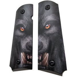 Snarling Wolf 1911 Full Size Metal Grips – Ambi Cut w/ Screws – Aggressive Tactical Style Black