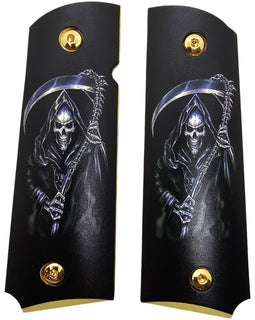 Grim Reaper 1911 Full Size Pistol Grips – With Ambi Safety Cut & Screws Gold Base