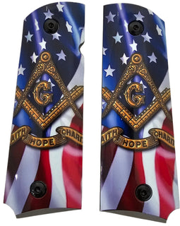 1911 Full Size Metal Grips – Masonic Freemason Square and Compass USA Flag Design – Ambi Cut – Polished Black