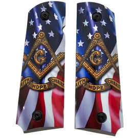 1911 Full Size Metal Grips – Masonic Freemason Square and Compass USA Flag Design – Ambi Cut – Polished Black