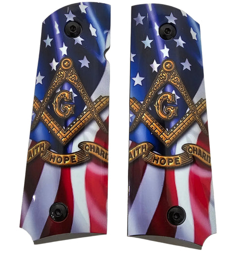 1911 Full Size Metal Grips – Masonic Freemason Square and Compass USA Flag Design – Ambi Cut – Polished Black