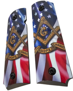 1911 Full Size Metal Grips – Masonic Freemason Square and Compass USA Flag Design – Ambi Cut – Polished Black