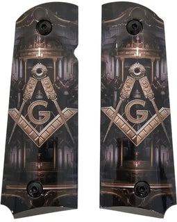 1911 Full Size Metal Grips – Masonic Freemason Square and Compass Design – Ambi Cut – Polished Black A