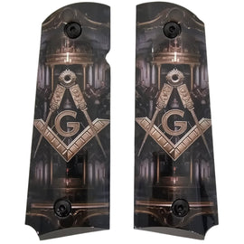 1911 Full Size Metal Grips – Masonic Freemason Square and Compass Design – Ambi Cut – Polished Black A