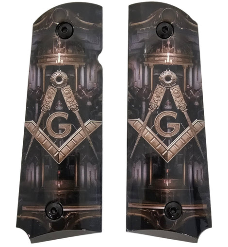 1911 Full Size Metal Grips – Masonic Freemason Square and Compass Design – Ambi Cut – Polished Black A