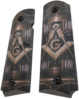 1911 Full Size Metal Grips – Masonic Freemason Square and Compass Design – Ambi Cut – Polished Black A