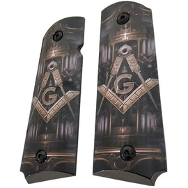 1911 Full Size Metal Grips – Masonic Freemason Square and Compass Design – Ambi Cut – Polished Black A