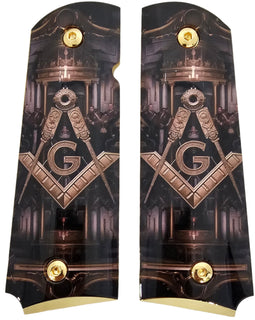 1911 Full Size Metal Grips – Masonic Freemason Square and Compass Design – Ambi Cut – Polished Black & Gold 1