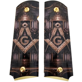 1911 Full Size Metal Grips – Masonic Freemason Square and Compass Design – Ambi Cut – Polished Black & Gold 1