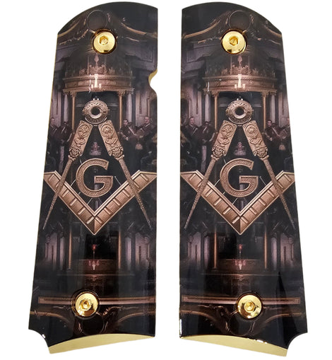 1911 Full Size Metal Grips – Masonic Freemason Square and Compass Design – Ambi Cut – Polished Black & Gold 1