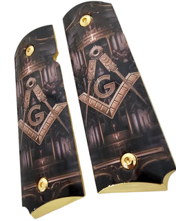 1911 Full Size Metal Grips – Masonic Freemason Square and Compass Design – Ambi Cut – Polished Black & Gold 1