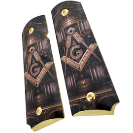 1911 Full Size Metal Grips – Masonic Freemason Square and Compass Design – Ambi Cut – Polished Black & Gold 1