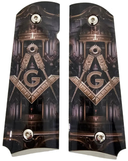1911 Full Size Metal Grips – Masonic Freemason Square and Compass Design – Ambi Cut – Polished Black & Nickel 1