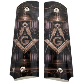1911 Full Size Metal Grips – Masonic Freemason Square and Compass Design – Ambi Cut – Polished Black & Nickel 1