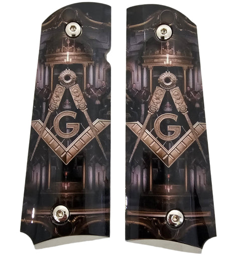 1911 Full Size Metal Grips – Masonic Freemason Square and Compass Design – Ambi Cut – Polished Black & Nickel 1