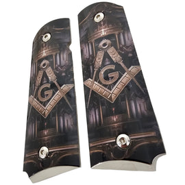 1911 Full Size Metal Grips – Masonic Freemason Square and Compass Design – Ambi Cut – Polished Black & Nickel 1
