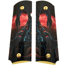1911 Full Size Metal Grips – Scorpion & Blood Moon Design – Ambi Cut – Polished Black Finish