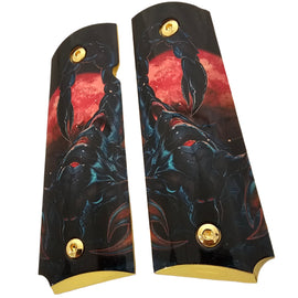 1911 Full Size Metal Grips – Scorpion & Blood Moon Design – Ambi Cut – Polished Black Finish