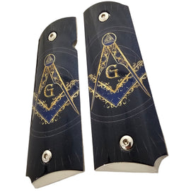 1911 Full Size Metal Grips – Masonic Freemason Square and Compass Design – Ambi Cut – Polished Black & Nickel