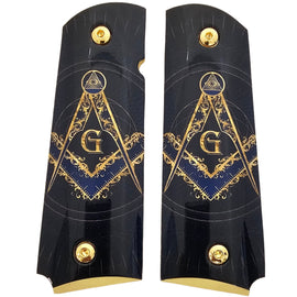 1911 Full Size Metal Grips – Masonic Freemason Square and Compass Design – Ambi Cut – Polished Black & Gold