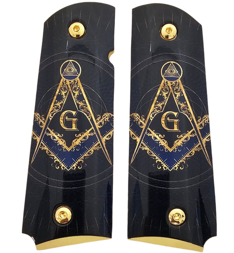 1911 Full Size Metal Grips – Masonic Freemason Square and Compass Design – Ambi Cut – Polished Black & Gold