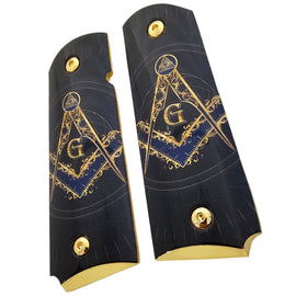 1911 Full Size Metal Grips – Masonic Freemason Square and Compass Design – Ambi Cut – Polished Black & Gold