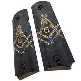 1911 Full Size Metal Grips – Masonic Freemason Square and Compass Design – Ambi Cut – Polished Black