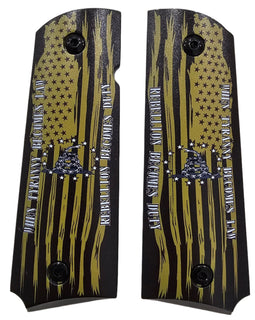 1911 Grips – Gadsden Flag "Rebellion Becomes Duty" Design – Metal with Black Screws & Ambi Cut (Copy) (Copy)