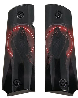 1911 Full Size Metal Grips – Grim Reaper Red Moon Design with Ambi Cut & Screws 3 Colors Available