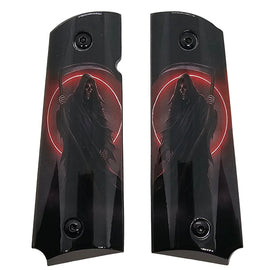 1911 Full Size Metal Grips – Grim Reaper Red Moon Design with Ambi Cut & Screws 3 Colors Available