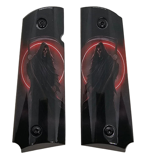 1911 Full Size Metal Grips – Grim Reaper Red Moon Design with Ambi Cut & Screws