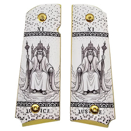 1911 Full Size Metal Grips – Justice Tarot Card Design with Ambi Cut & Screws, Gold Plated Base