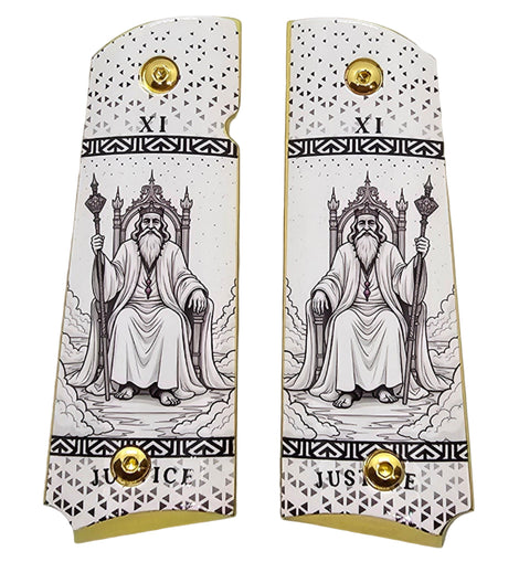 1911 Full Size Metal Grips – Justice Tarot Card Design with Ambi Cut & Screws, Gold Plated Base
